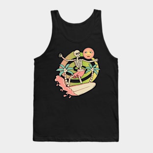 Aloha Skeleton Surfing - Surfboard Wave & Moon Graphic Tank Top